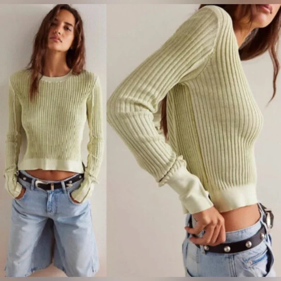 Free People we the free Between The Lines Rib Jumper Sweater Sz XS light green - Picture 1 of 8